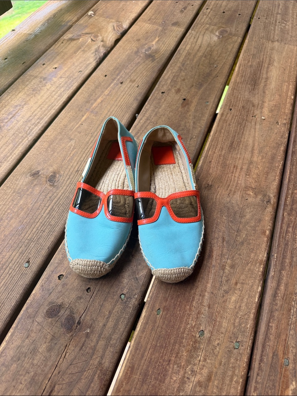 Tory Burch Aqua and Orange Slip-On Espadrilles
